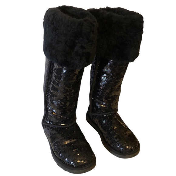 UGG Size 5 OVER the Knee Sparkle Sequins Black Bailey Button Boots Fur 3173. - Picture 3 of 12